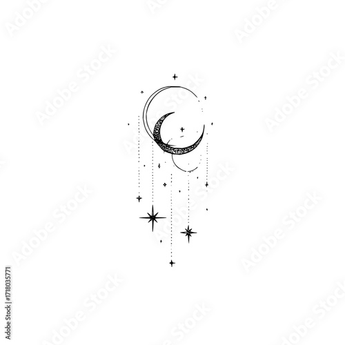 Celestial moon and stars tattoo design vector illustration astrology art and night sky crescent moon design