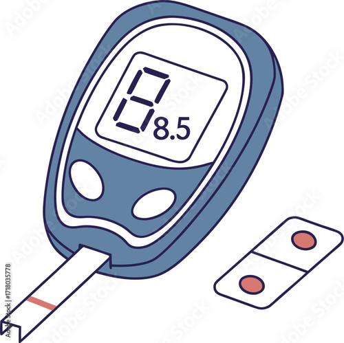 Digital Blood Glucose Meter Flat Vector Illustration with Test Strips on Light Blue Background