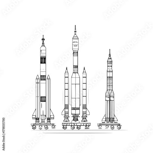 Rocket blueprint vector illustration of space shuttle launch system for aerospace engineering design project