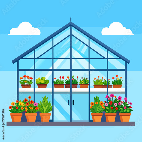 Greenhouse filled with vibrant flowers and plants, perfect for gardening and nature enthusiasts