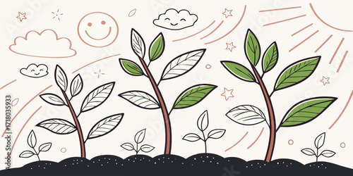 Doodle Style Illustration of Plants Growing with Smiling Suns and Clouds on Pink Background seedlings