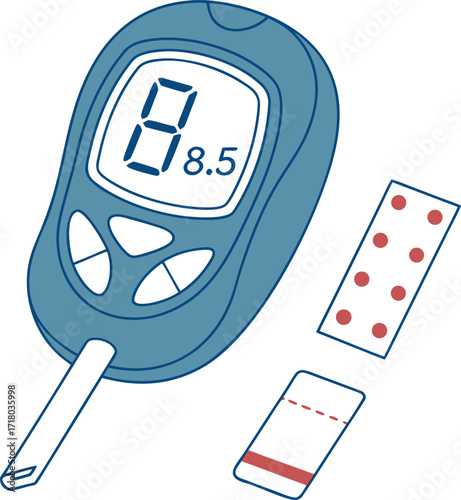 Flat Design Digital Blood Glucose Meter Illustration with Test Strips on Blue Background