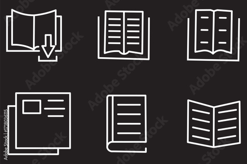 Book line icon set. Set of 24 outline icons related to the book. Library book symbol. Open and close textbook