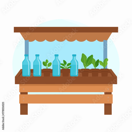 Vector illustration of a charming wooden market stall offering fresh green seedlings and bottled water, symbolizing local business and sustainable farming