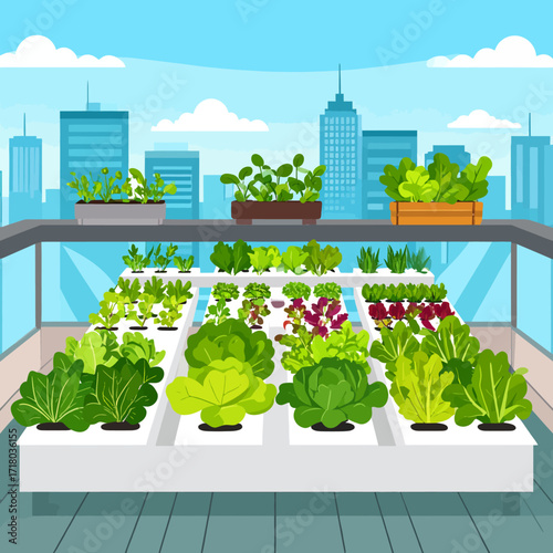Urban hydroponic farm on a rooftop with a city skyline in the background, showcasing sustainable agriculture in a metropolitan environment