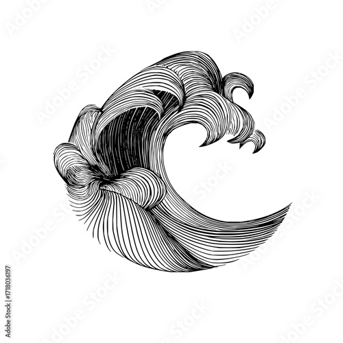 Ocean wave line art drawing illustration black and white vector design sea water artistic graphic nature artwork