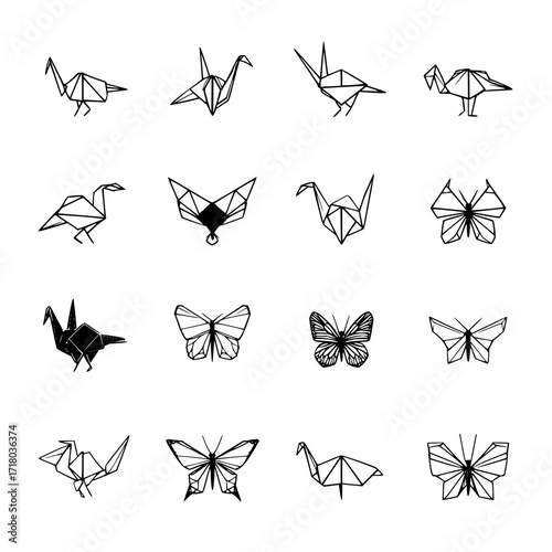 Origami birds and butterflies vector art illustration paper folding animal geometric design concept for crafts and diy