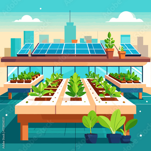 Rooftop garden with solar panels and city skyline, an illustration of sustainable urban farming and renewable energy