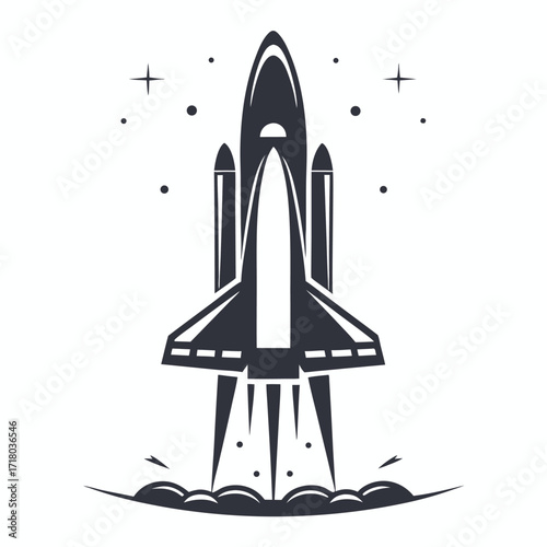 Minimalist Shuttle Launching on White Background with Stars and Smoke Trails