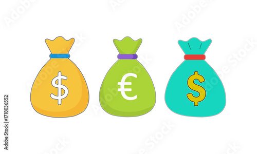 Money Bags with Euro, and Dollar Signs for Financial Concepts