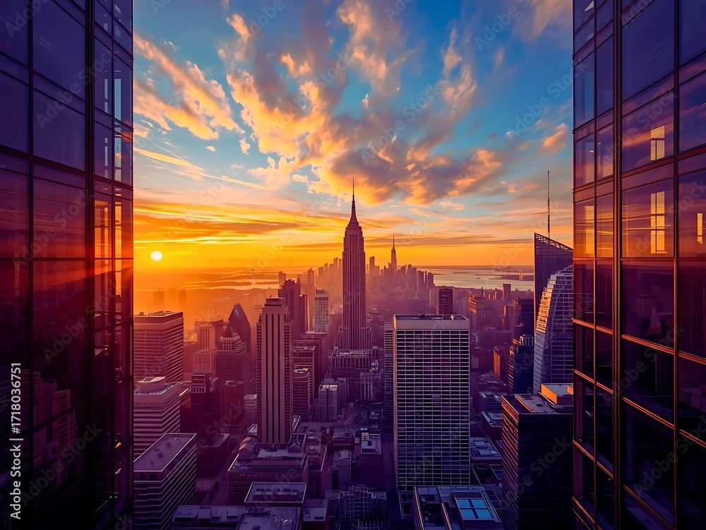 Fototapeta premium A breathtaking time-lapse of a modern city skyline during sunrise, warm golden light reflecting on skyscraper windows, soft moving clouds