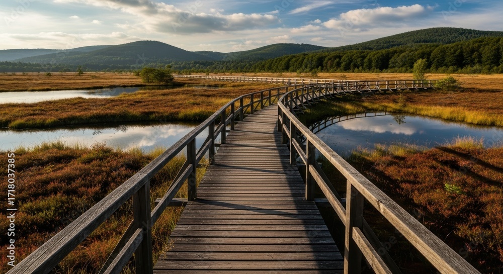 Obraz premium Picturesque Boardwalk Winding Through a Serene Marsh Landscape