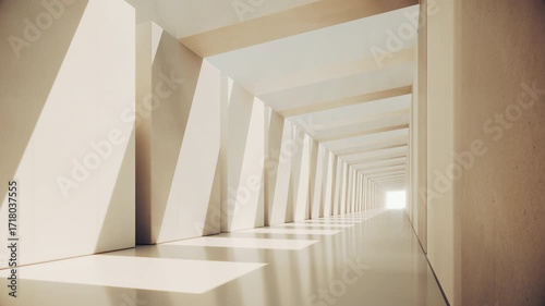 Abstract architectural corridor animation with bright sunlight casting geometric shadows. Looping futuristic hallway. Ultra HD 4K 3840x2160 animation.