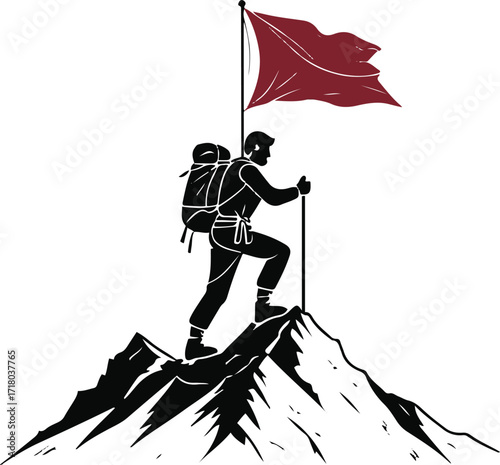 Minimal line drawing of mountain climber planting flag
