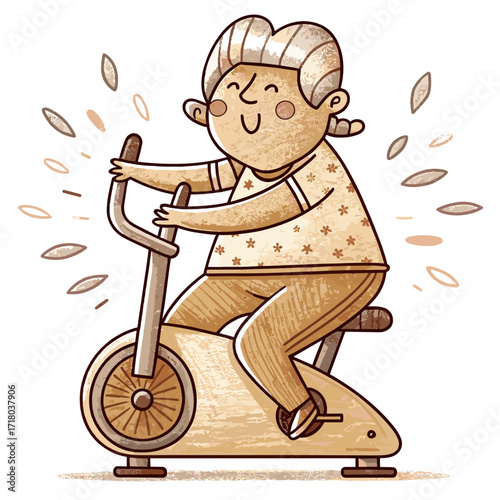 Senior woman exercising on stationary bike with joyful expression  