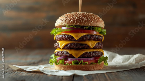 Delicious Triple Decker Cheeseburger with Fresh Toppings on Wooden Background