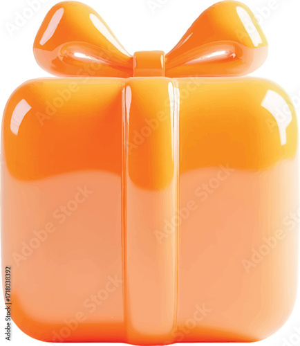 Glossy Orange Gift Box With Bow On White Background present ribbon