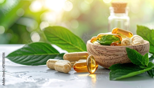 Wooden spoon filled with golden translucent capsules resting on a tree trunk in forest setting, with sunlight filtering through green leaves, symbolizing natural health and organic supplements.