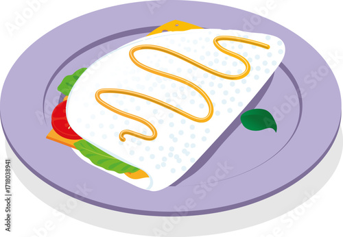Tapioca with slice of cheese, tomatoes, mint and mustardand - typical brazilian fast food derived from cassava roots, commonly used in desserts