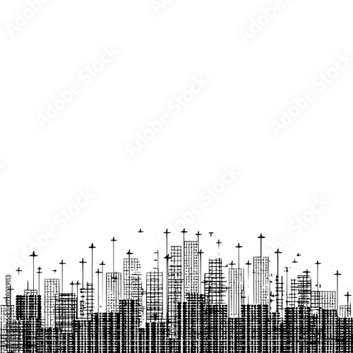A black and white skyline silhouette with buildings and antenna on a white background in a city landscape