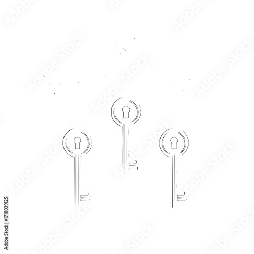 Three keys with circular handles and keyholes arranged on a white background in a simple line drawing style