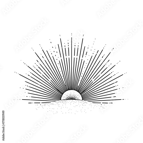 Rising sun illustration with radiating lines and stippled texture on a white background in black and white