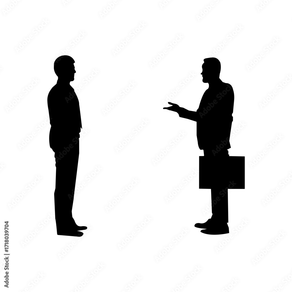 Fototapeta premium A black and white silhouette of two businessmen engaged in a professional conversation.