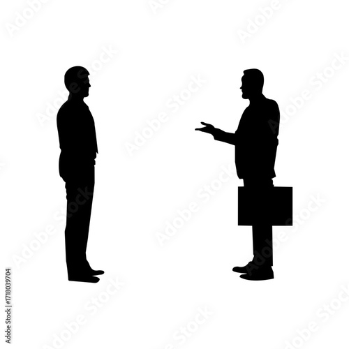 A black and white silhouette of two businessmen engaged in a professional conversation.