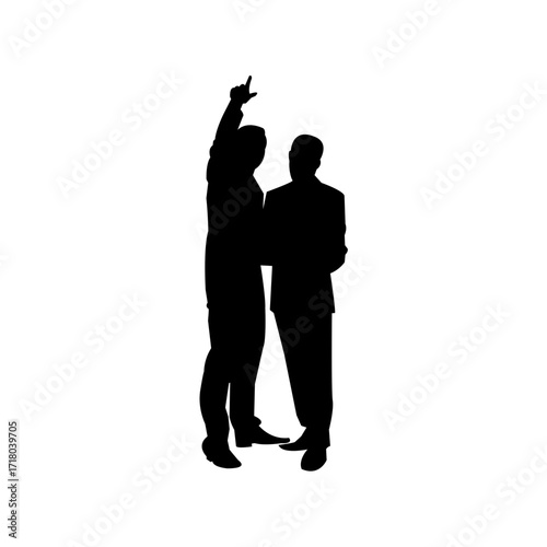 A simple black silhouette of two men in business suits, one gesturing with his hand, against a white background.