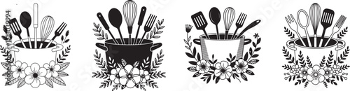 Black and white vector illustration of a tree with kitchen cutlery elements