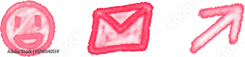 Vintage acrylic brush illustration of mail icon, arrow pointer, and laughing face icon, with texture and vector style.