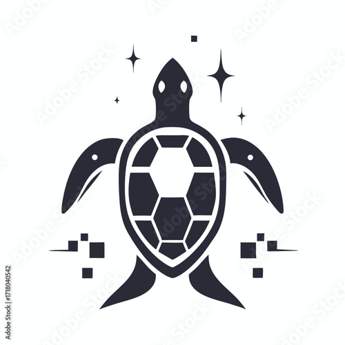 Minimalist turtle with geometric shell and stars on a white background