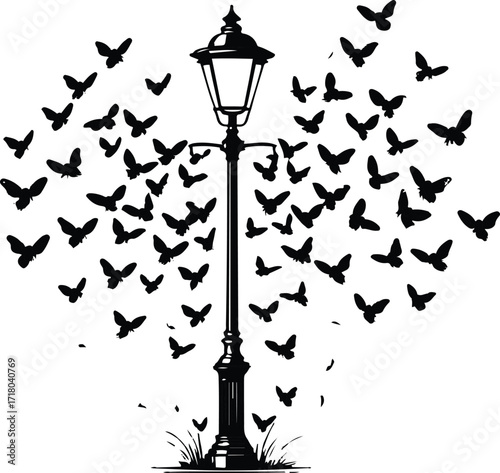 Outline of streetlamp with tiny moths flying around 1