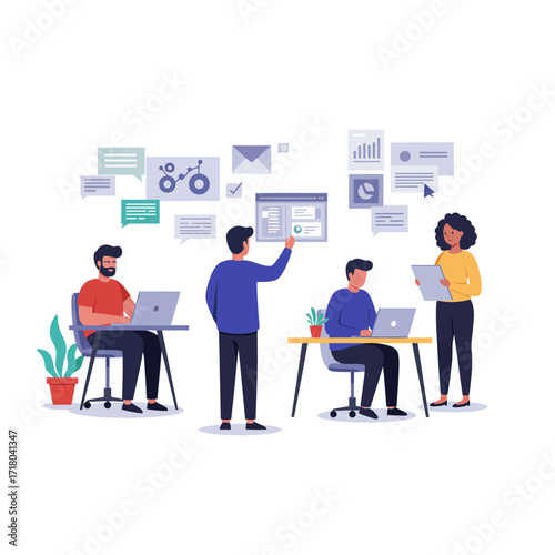 Creative business team collaborating on a project, analyzing data dashboards and financial reports in a modern office workspace illustration