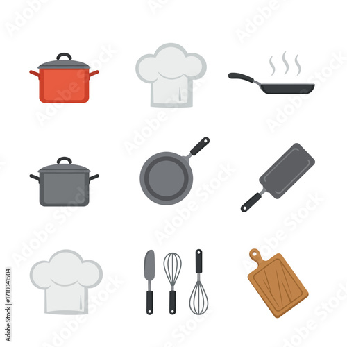 Modern flat vector illustration set of essential kitchen cooking tools, professional chef equipment, and diverse culinary accessories including pots, pans, and chef hats