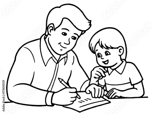 Father helping his son with homework drawing or writing Black and white illustration for coloring book on white background