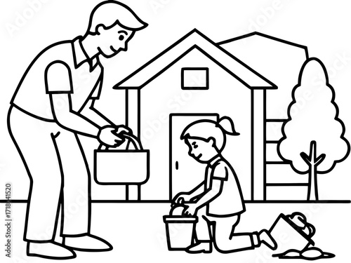 Father and Daughter Gardening Together in the Yard Black and White Line Art Illustration on white background