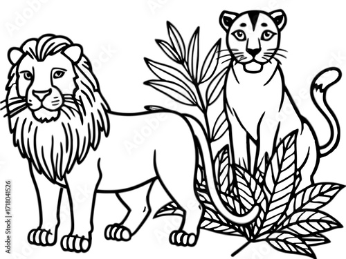 Lion and Tiger with Tropical Leaves Outline Illustration for Coloring Book or Educational Material in Black and White on white