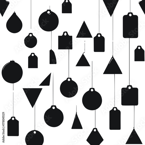 Black outline vector of hanging price tags in different shapes, white background
