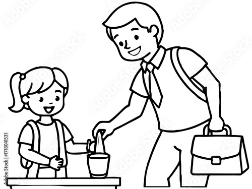 Line art illustration of a father dropping his daughter off at school for her first day on white background