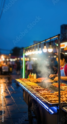 Grilled meat skewers on food cart at night