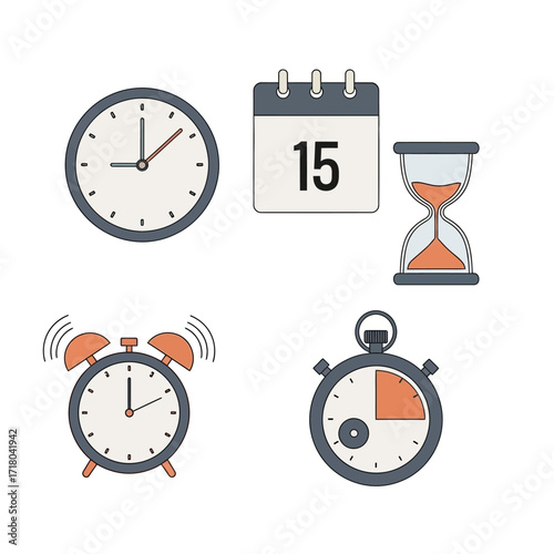 A collection of modern outline icons representing time management, including a clock, calendar, stopwatch, and hourglass. Vector graphic set for business and schedule concepts