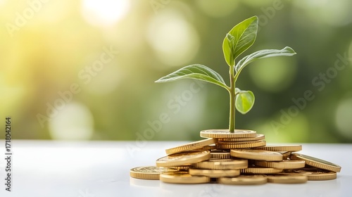 Plant Growing from Gold Coins on White Surface