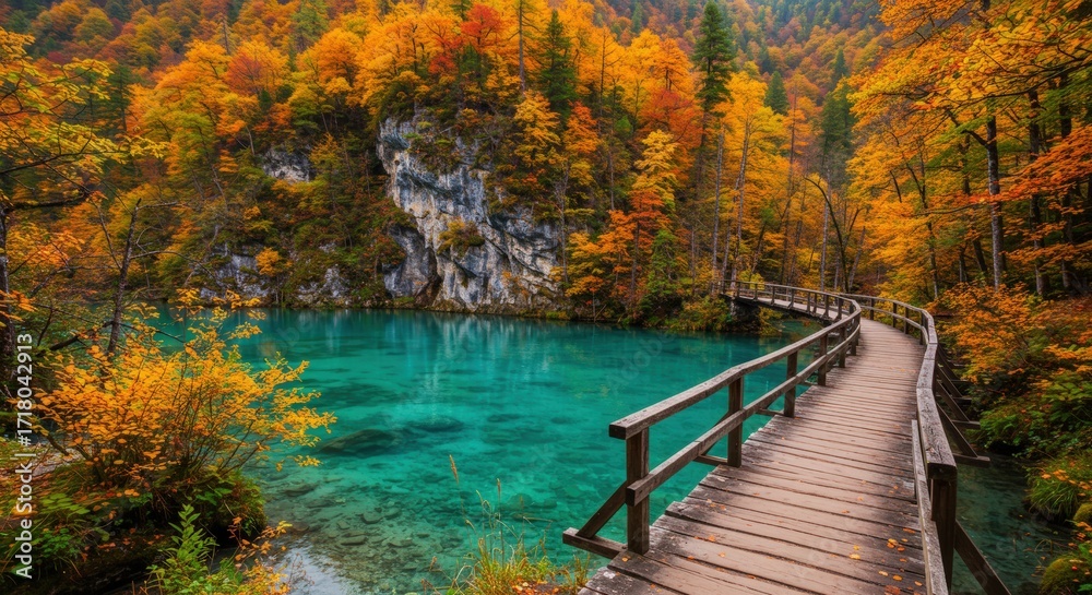 Fototapeta premium Autumnal lake scenery with wooden footbridge