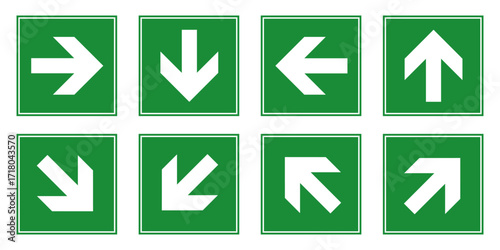 Green emergency exit direction sign set, safety assembly point symbol, escape help evacuation, straight pointer arrow