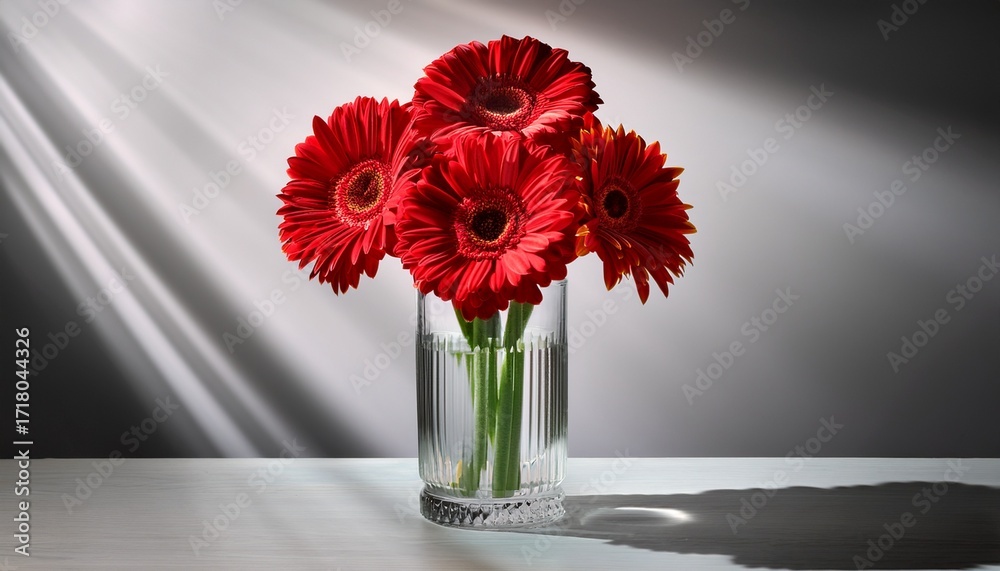 Fototapeta premium Bright Red Gerbera Daisies In Clear Glass Vase With Shadows
