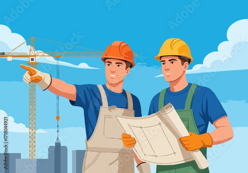 Two attentive builders hold a drawing and point to a construction site.