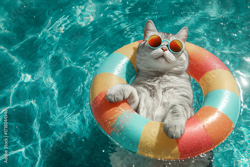 Cat wearing sunglasses is lying on a colorful float in a blue swimming pool under the summer sunshine.