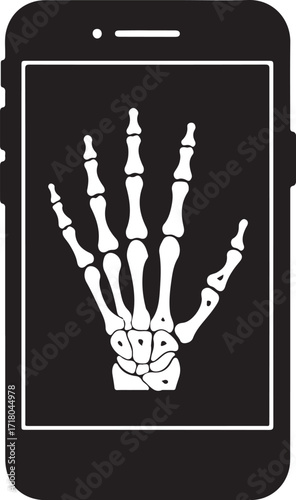 Mobile Bone Scan Icon – Solid black silhouette of smartphone showing bone x-ray. 