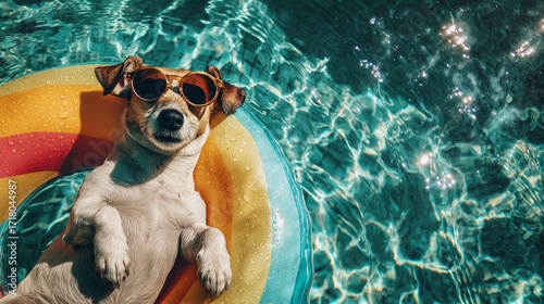 Happy dog is enjoying a relaxing moment on a colorful float in the blue pool, with sunlight reflecting on the water’s surface.